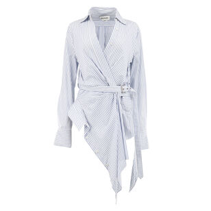 Striped Belted Draped Asymmetric Wrap Blouse