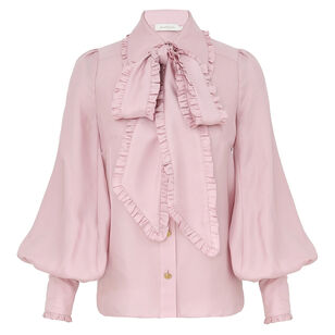 Twill Bow Long Sleeve Silk Shirt