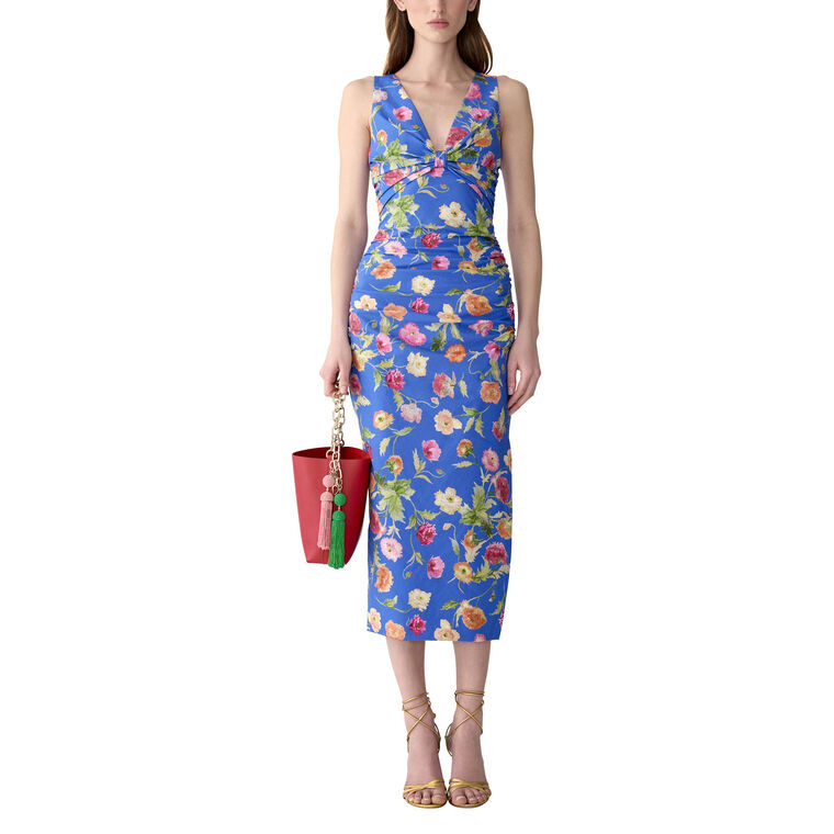 Sleeveless Poppy-Print Gathered V-Neck Midi Dress image number null