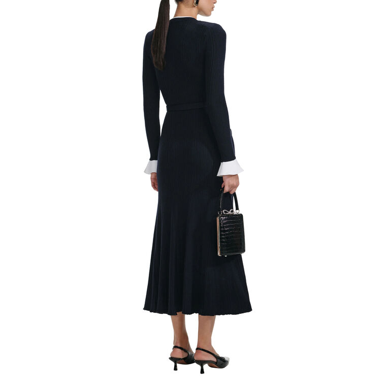 Viscose Knit Long Sleeve Belted Midi Dress image number null