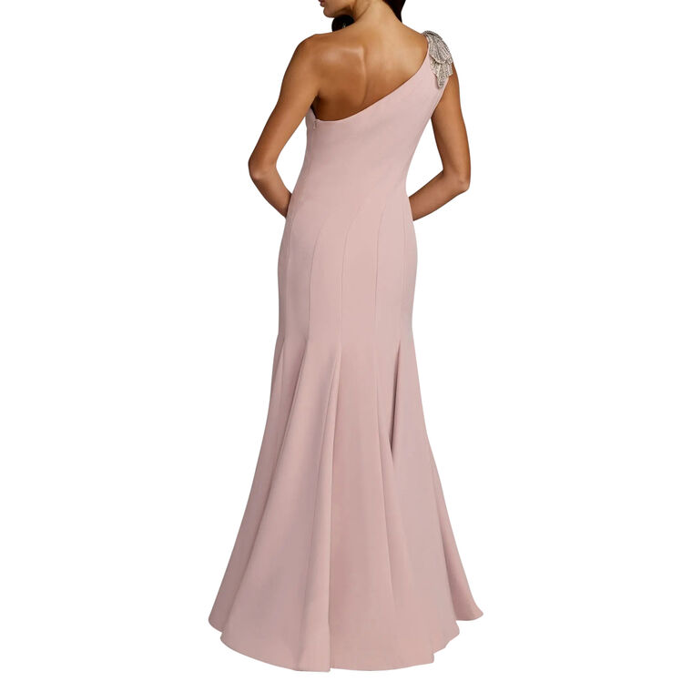 Crepe One Shoulder Fluted Gown With Crystal Flower image number null