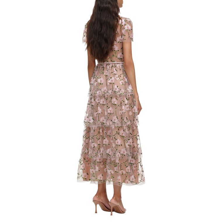 Short Sleeve Belted Sequin Embellished Tiered Midi Dress image number null