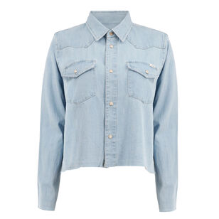 The Super Ex's Crop Step Fray Denim Button-Up