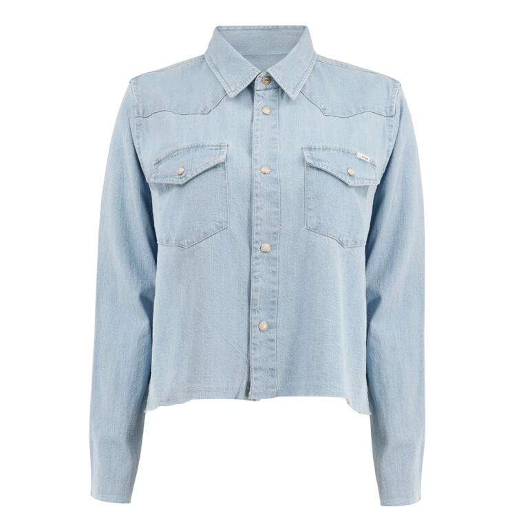 The Super Ex's Crop Step Fray Denim Button-Up image number null