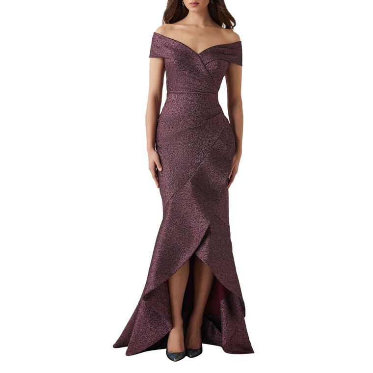 Jacquard Ruffle High Low Off-The-Shoulder Gown image number null