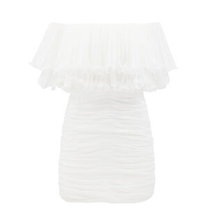 Milan Ruched Off-Shoulder Ruffle Mini Dress
