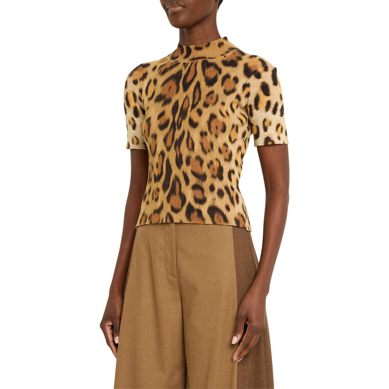 Short Sleeve Jaguar Print Ribbed Knit Pullover Sweater image number null