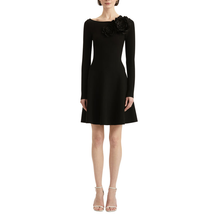 Off-The-Shoulder Flower Applique Long-Sleeve Knit Mini Dress image number null