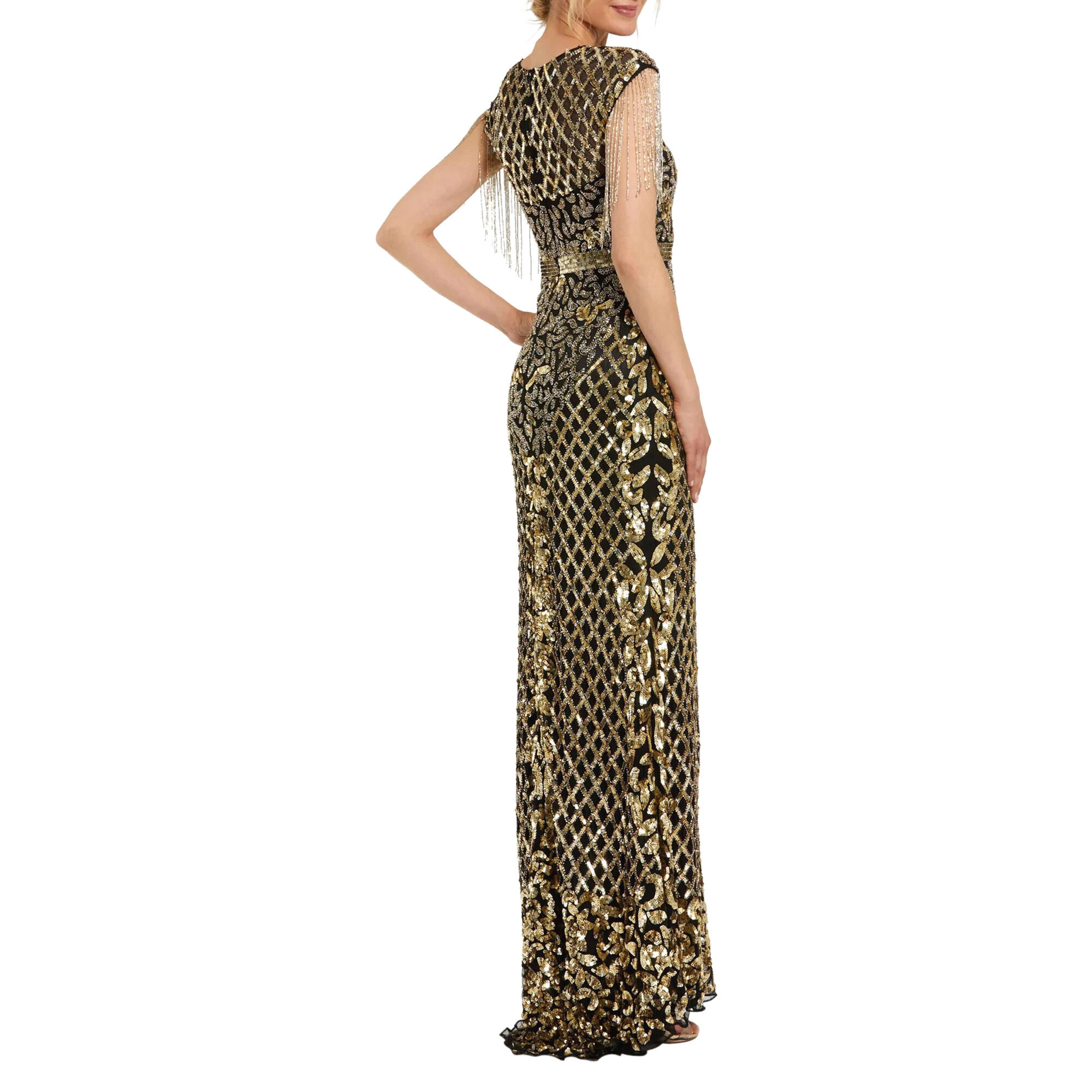 High Neck Sleeveless Beaded Fringe Fitted Gown