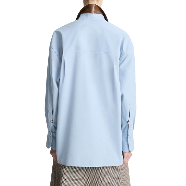Long Sleeve Oversized Button-Front Cotton Shirt With Faux Leather Trim image number null