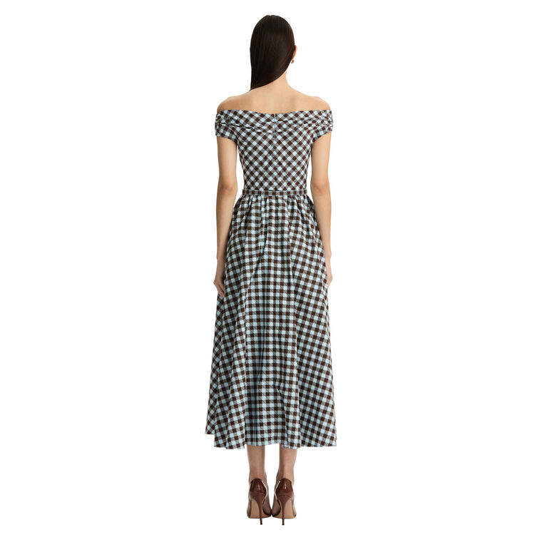 Off-The-Shoulder Belted Gingham Cotton Poplin Midi Dress image number null