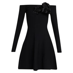 Off-The-Shoulder Flower Applique Long-Sleeve Knit Mini Dress