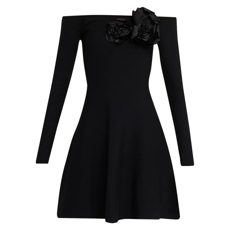 Off-The-Shoulder Flower Applique Long-Sleeve Knit Mini Dress image number null