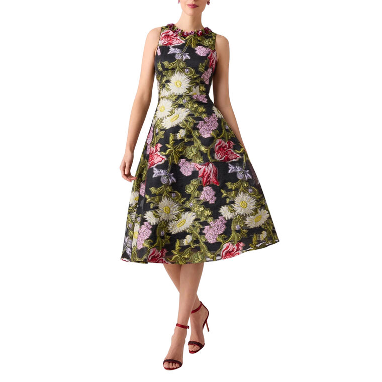 Floral Jacquard Halter Dress With Embellished Neckline image number null