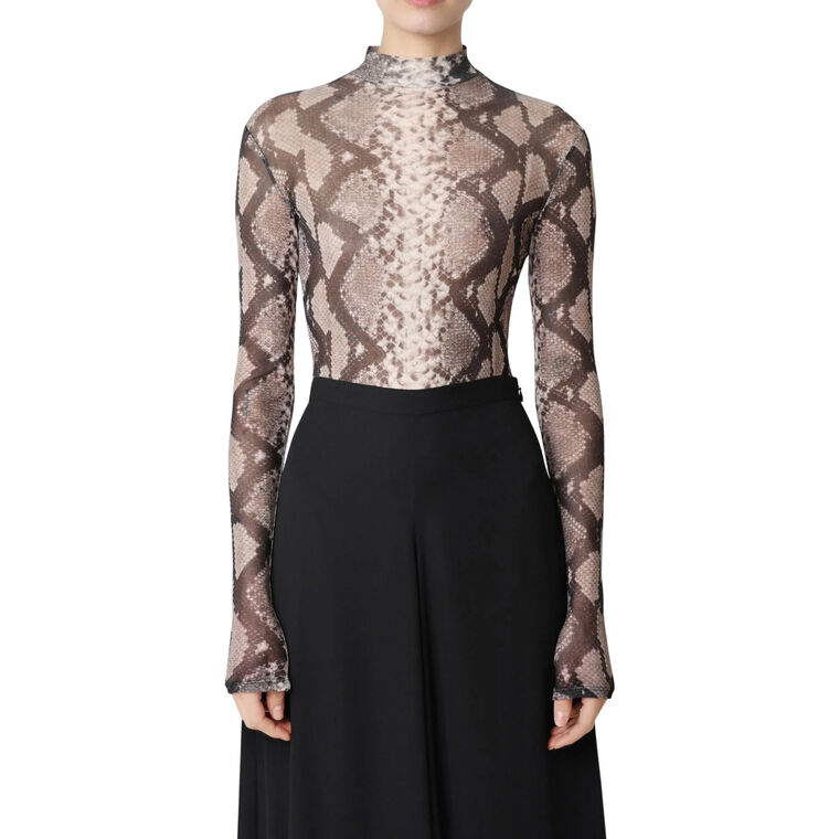 Long Sleeve Printed Mesh Mock Neck Bodysuit image number null