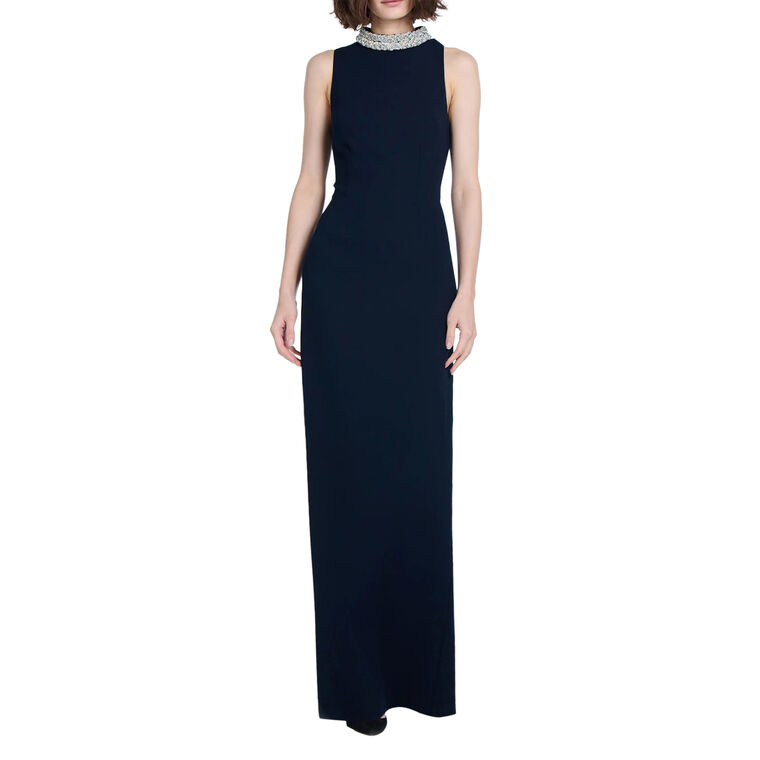 Sleeveless Braided Crystal Mock Neck Stretch Crepe Gown image number null