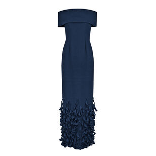 Off-Shoulder Roll Collar Gown With Spiral Hem