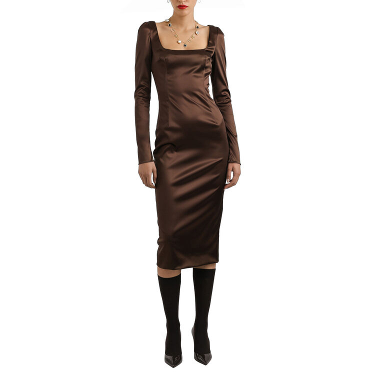 Long Sleeve Squareneck Satin Midi Dress image number null