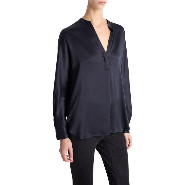 Long Sleeve Silk Satin Band-Collar Blouse image number null