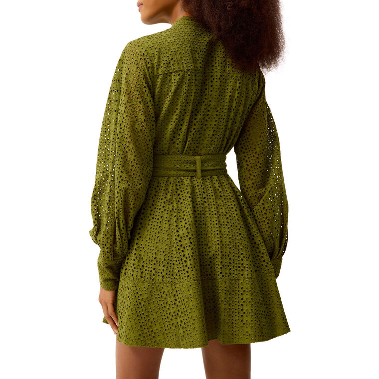 Hughes Long Sleeve Belted Eyelet Mini Dress image number null