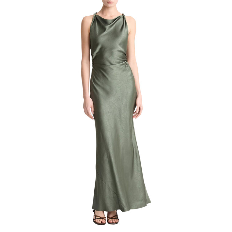 Sleeveless Twist Shoulder Cowl Neck Satin Maxi Dress image number null