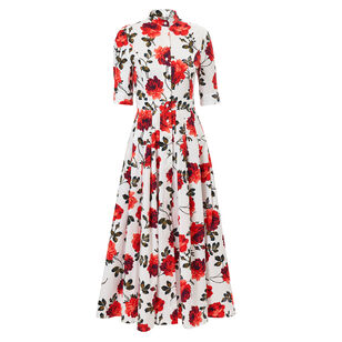Short Sleeve Rose Print Midi Shirt Dress