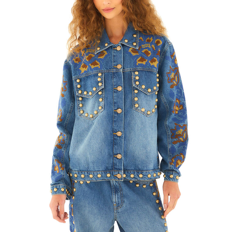 Embroidered Studded Denim Jacket image number null