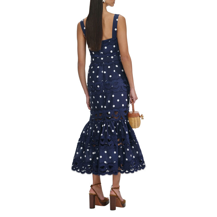 Sleeveless Linen Polka Dot Belted Midi Dress image number null