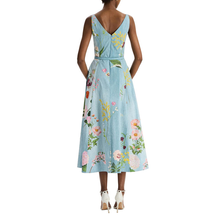 Sleeveless V-Neck Belted Mixed Botancial Cotton Poplin Midi Dress image number null