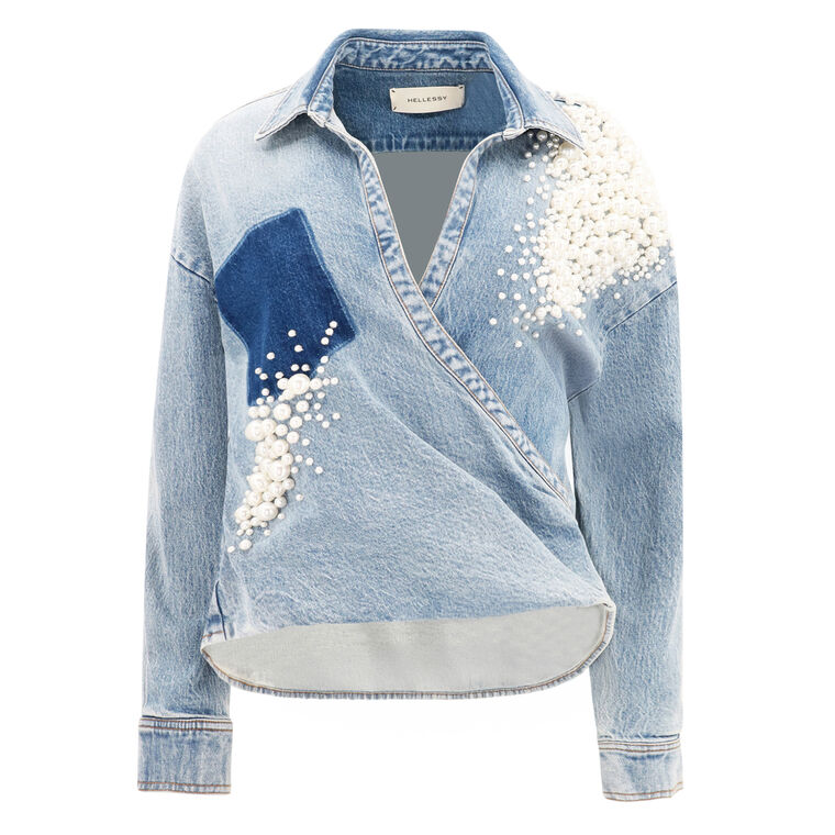 Astro Embellished Heavy Denim Wrap Shirt image number null