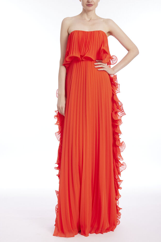Pleated Strapless Gown With Side Ruffles image number null