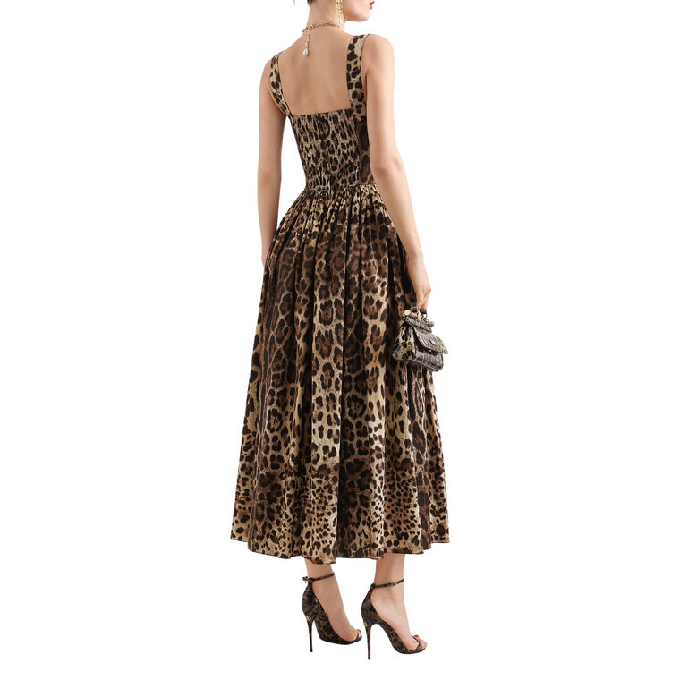 Sleeveless Cotton Poplin Leopard Print Midi Dress image number null