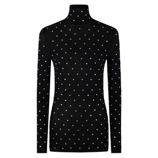 Long Sleeve Crystal-Embellished High Neck Top