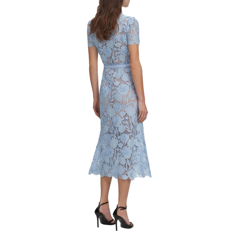 Short Sleeve Lace Tie Neck Belted Midi Dress image number null