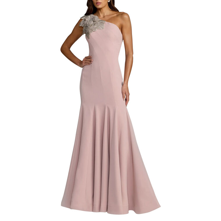 Crepe One Shoulder Fluted Gown With Crystal Flower image number null