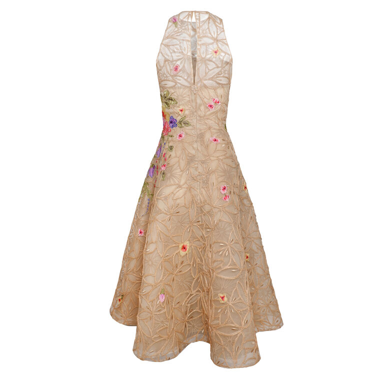 Sleeveless Illusion Raffia Floral Applique Midi Dress image number null