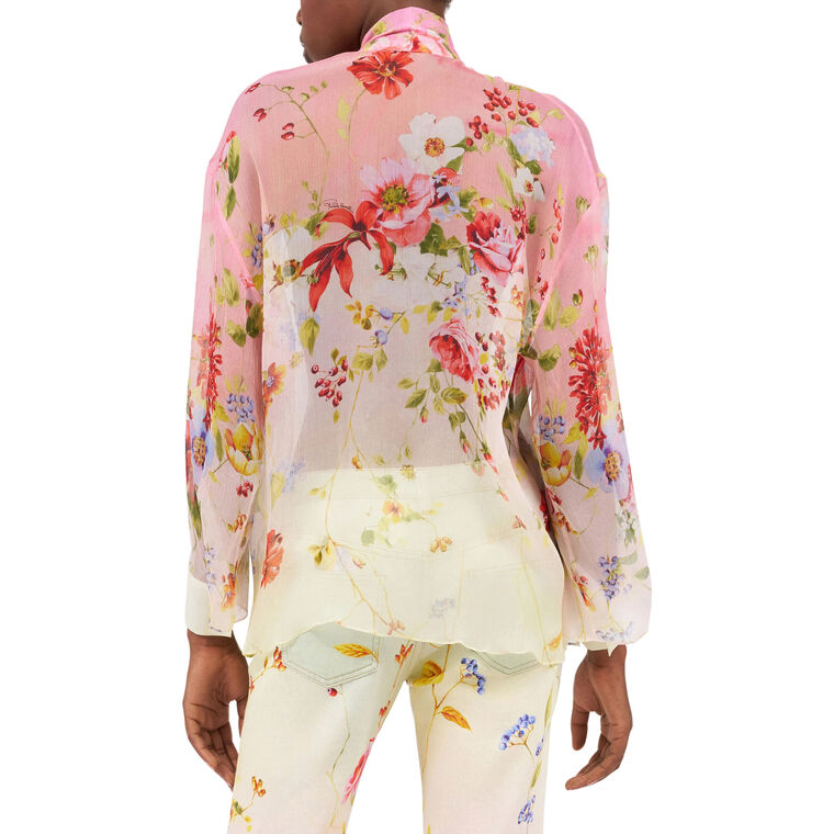 Long Sleeve Miami Flowers Tie Neck Chiffon Blouse image number null