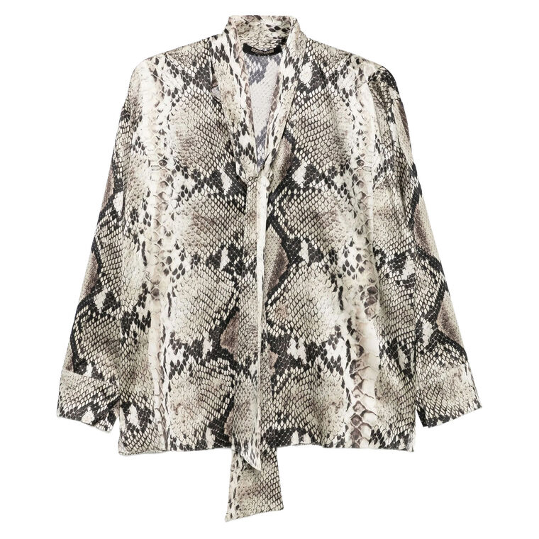 Python Print Silk Long Sleeve Tie Front Blouse image number null