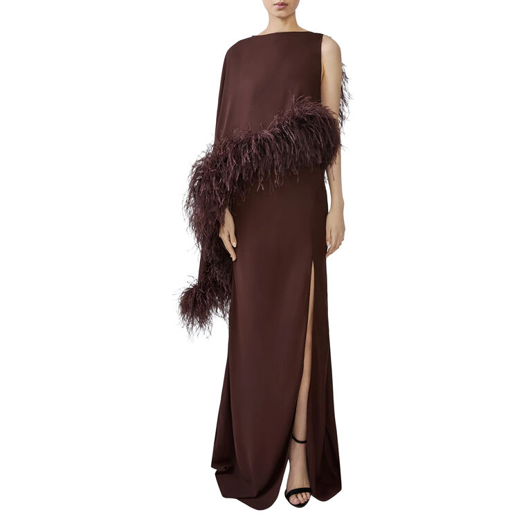 Georgette Asymmetric Draped Gown With Feathers image number null