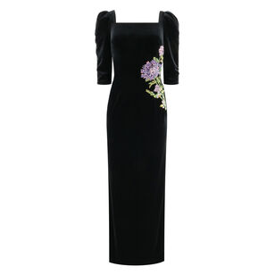 Velvet Elbow Sleeve Floral Applique Gown