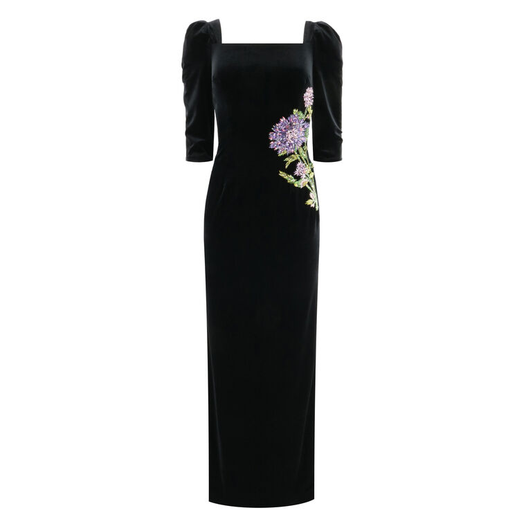 Velvet Elbow Sleeve Floral Applique Gown image number null
