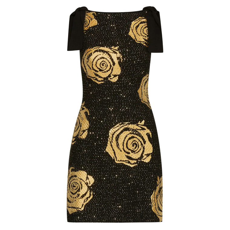 Oscar de la Renta Gold Foil Rose Knit Mini Dress | Tootsies Oscar de la Renta Gold Foil Rose Knit Mini Dress | Tootsies