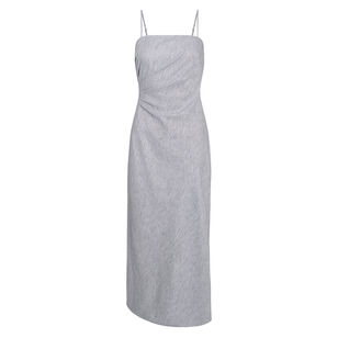 Ticking Stipe Linen-Cotton Draped Strapless Midi Dress