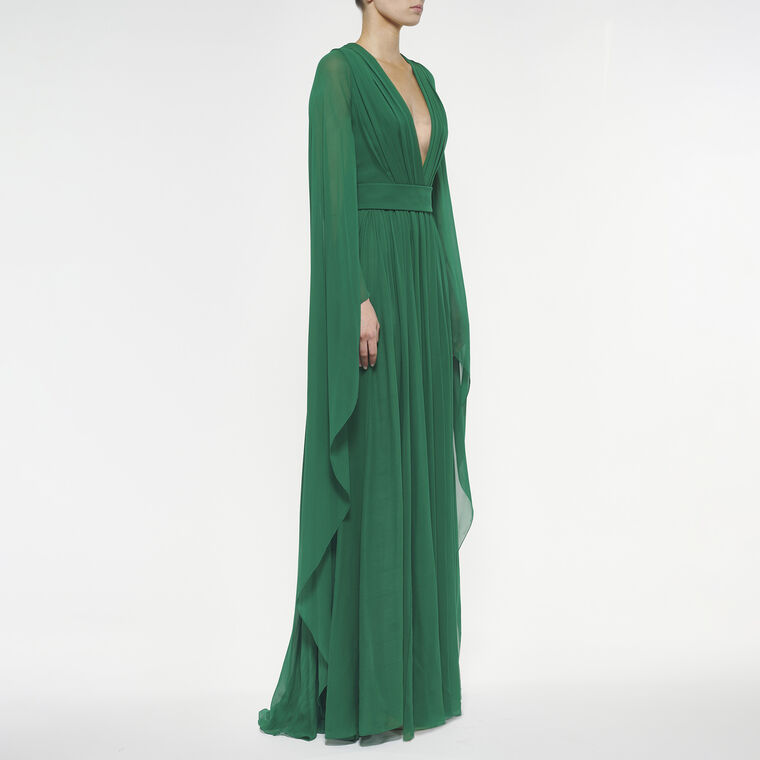 Long Plunging Neck Slit Silk Dress image number null