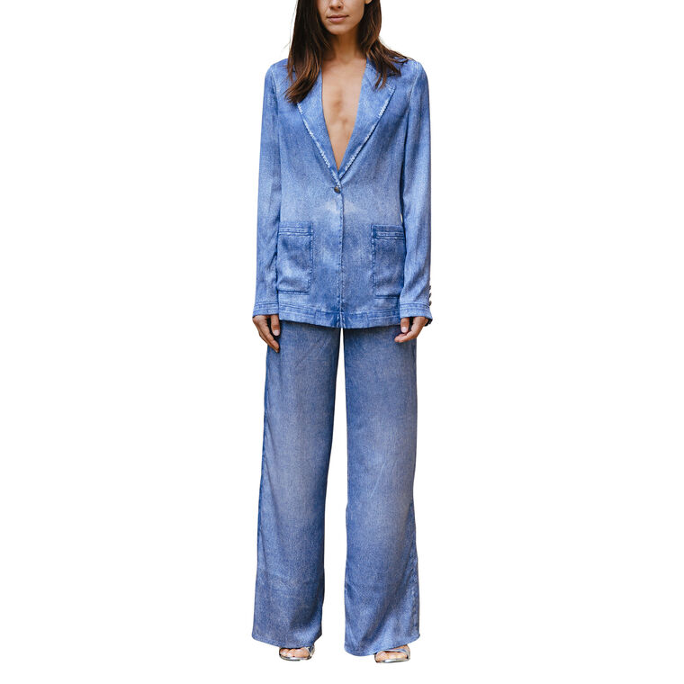 Veronica Denim-Print Satin Blazer image number null