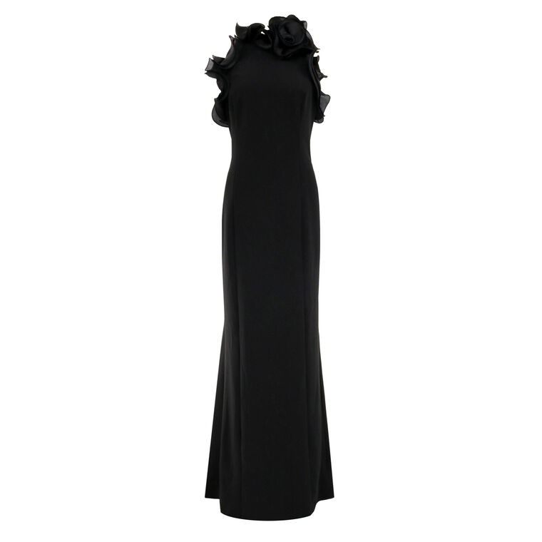 Stretch Crepe Ruffled Halter Gown image number null