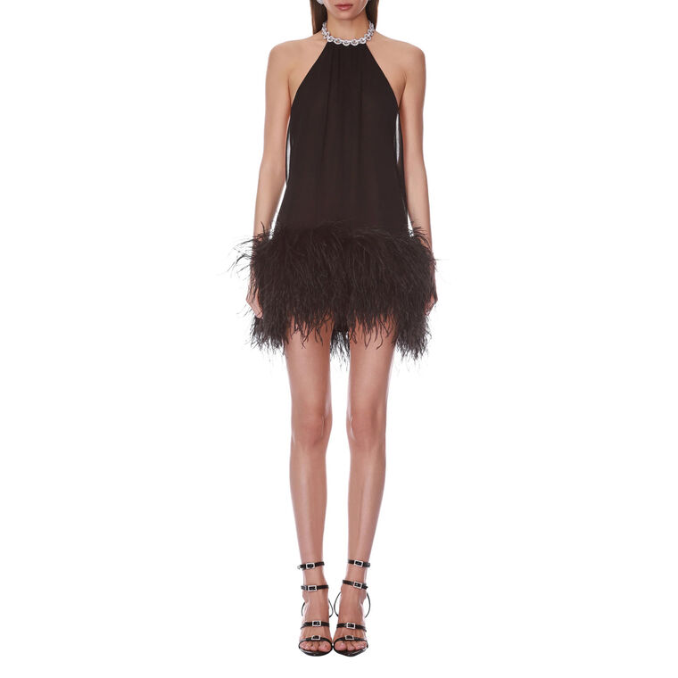 Crystal Embellished Halter Neck Mini Dress With Feathers image number null