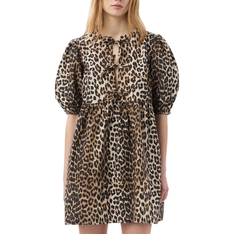 Leopard Cotton Tie String Short Sleeve Mini Dress image number null