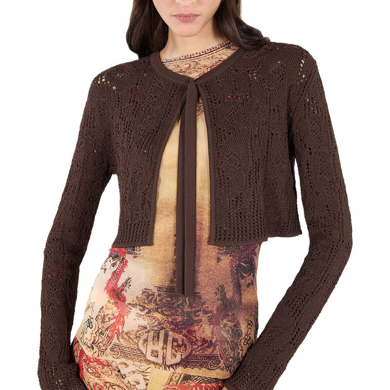 Crochet Effect Knit Crop Cardigan image number null