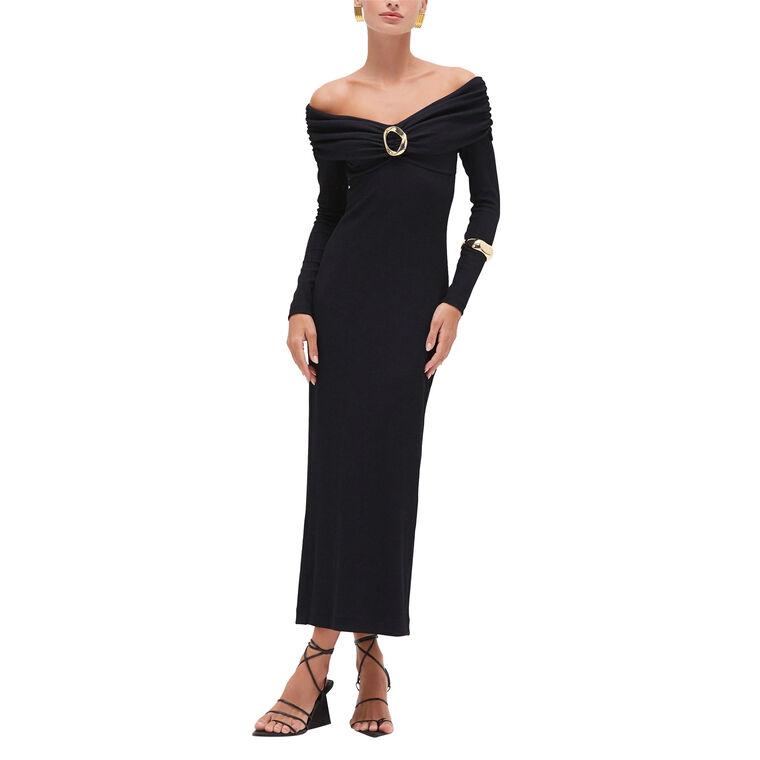 Grace Knit Draped Off-The-Shoulder Long Sleeve Midi Dress image number null